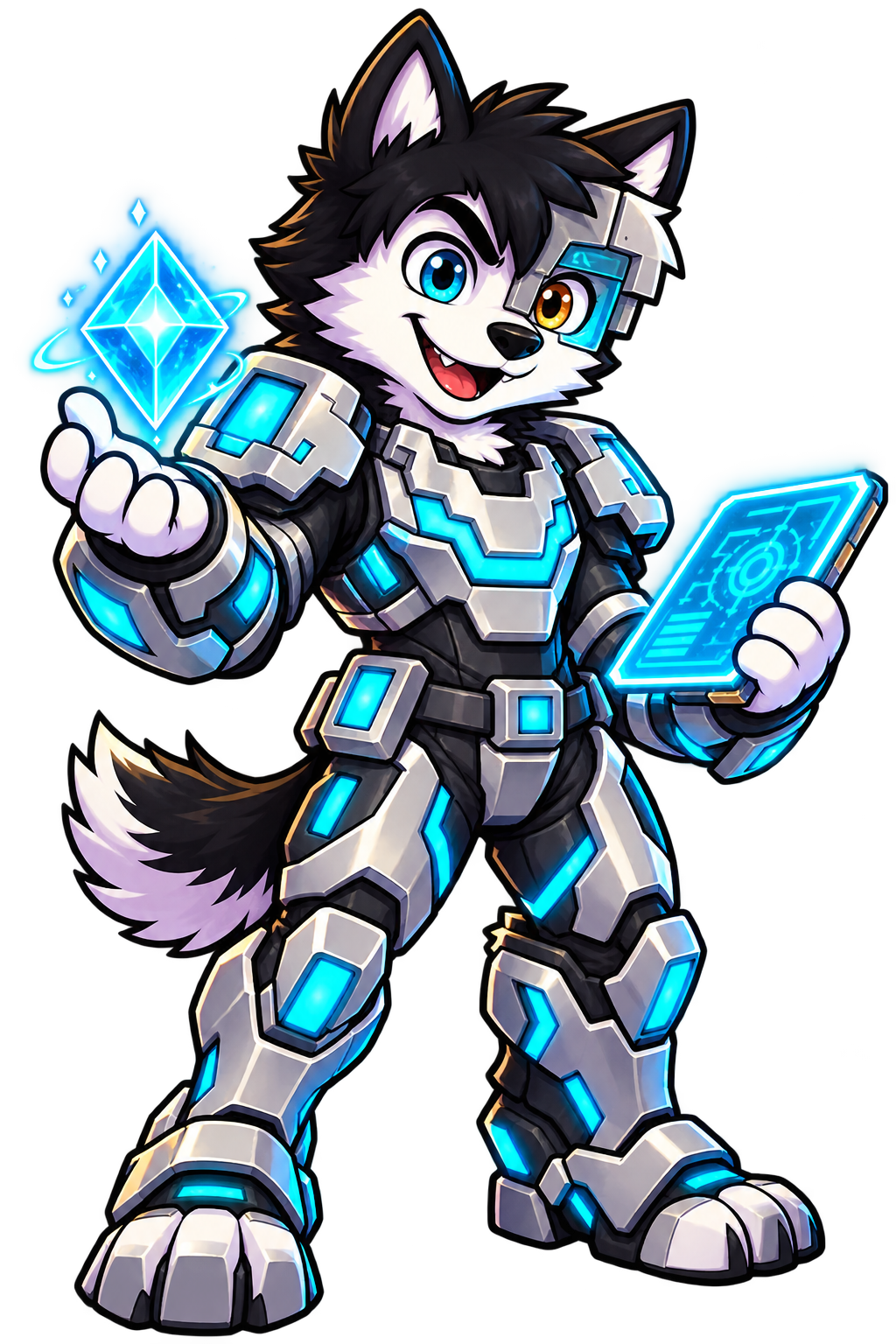 Lobo de SheroxGG con armadura tecnológica y energía cian