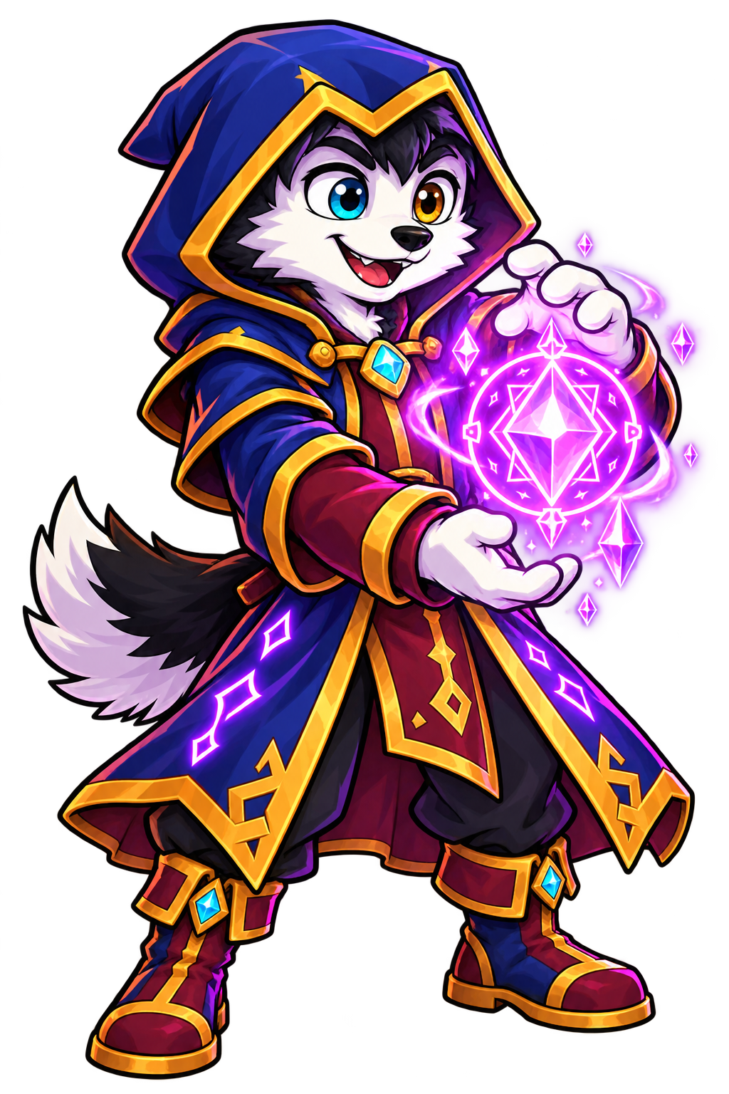 Lobo mago de SheroxGG con túnica azul y magia violeta