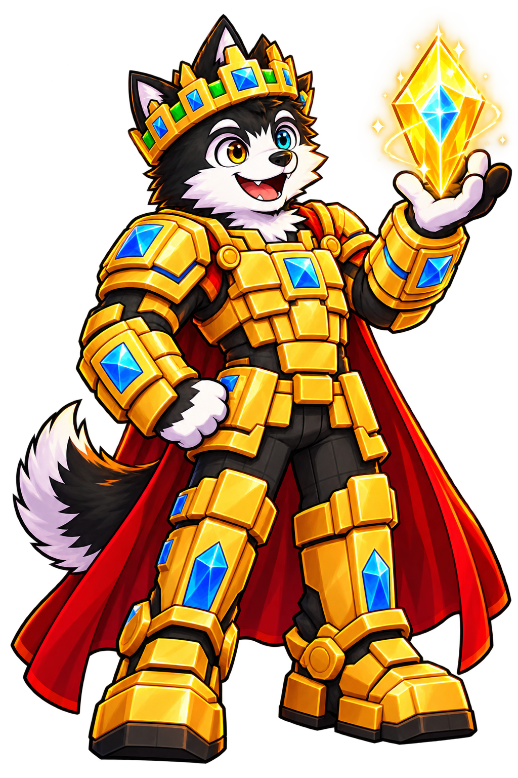 Lobo rey de SheroxGG con corona, armadura dorada y capa roja